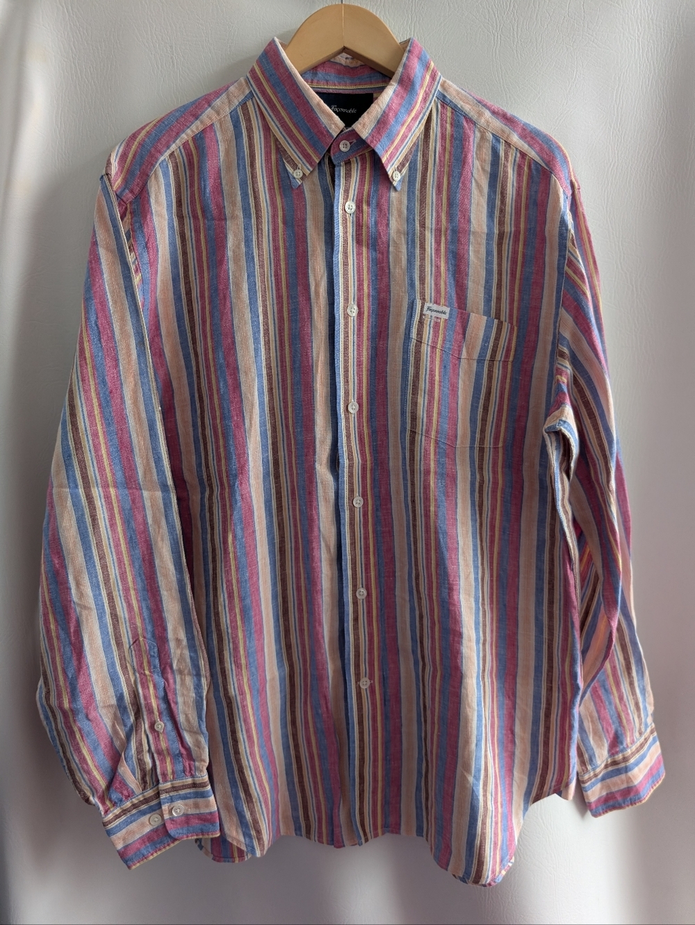 Faconnable Linen Multistripe Collar Shirt Long Sleeves in Blue, Pink, Cream - L